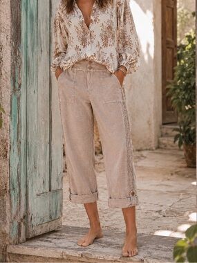 Sundance organia tan linen blend crocheted lace trim cropped pants